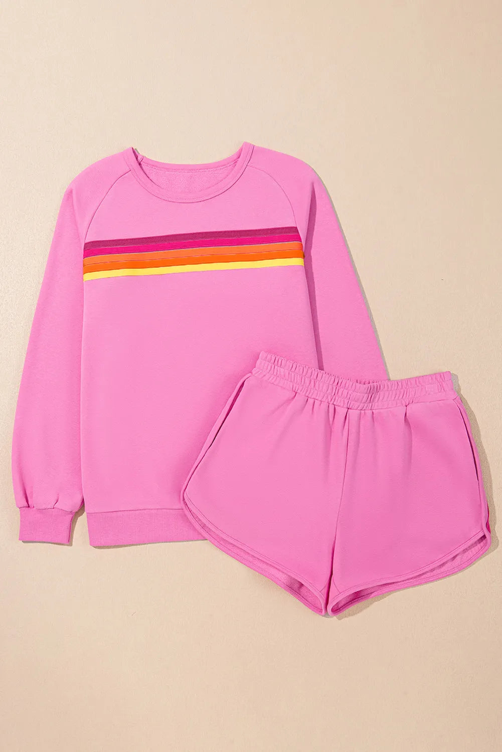 Full Size Contrast Striped Round Neck Top and Shorts Set - Maria de Fatima Andrade