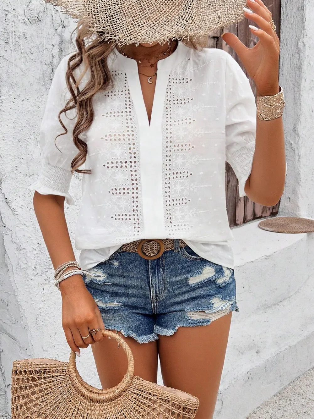 Eyelet Notched Flounce Sleeve Blouse - Maria de Fatima Andrade