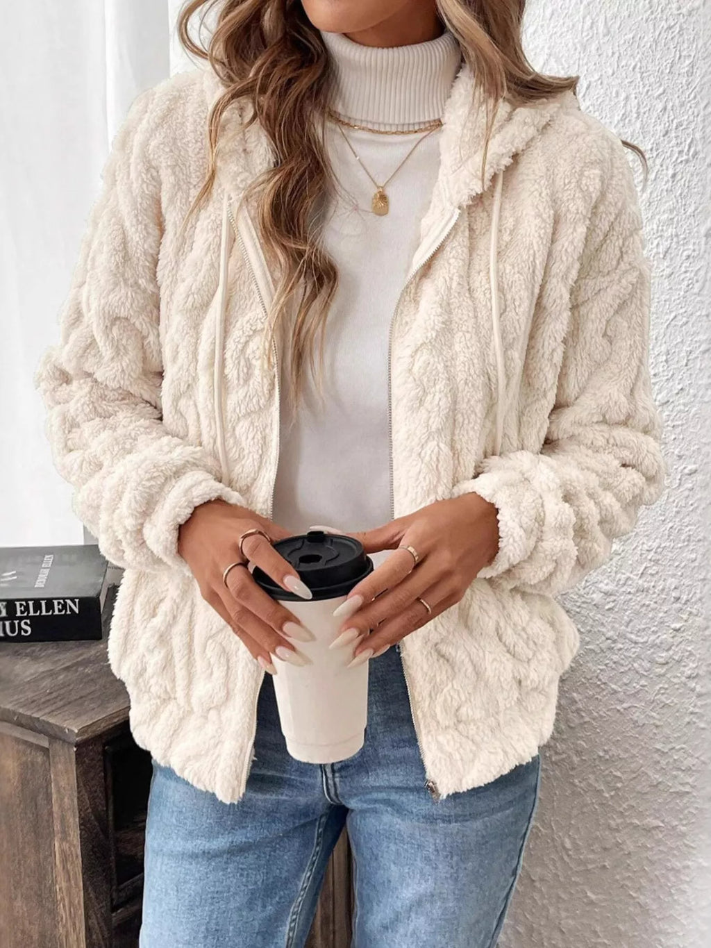 Drawstring Zip-Up Fleece Hooded Outerwear - Maria de Fatima Andrade