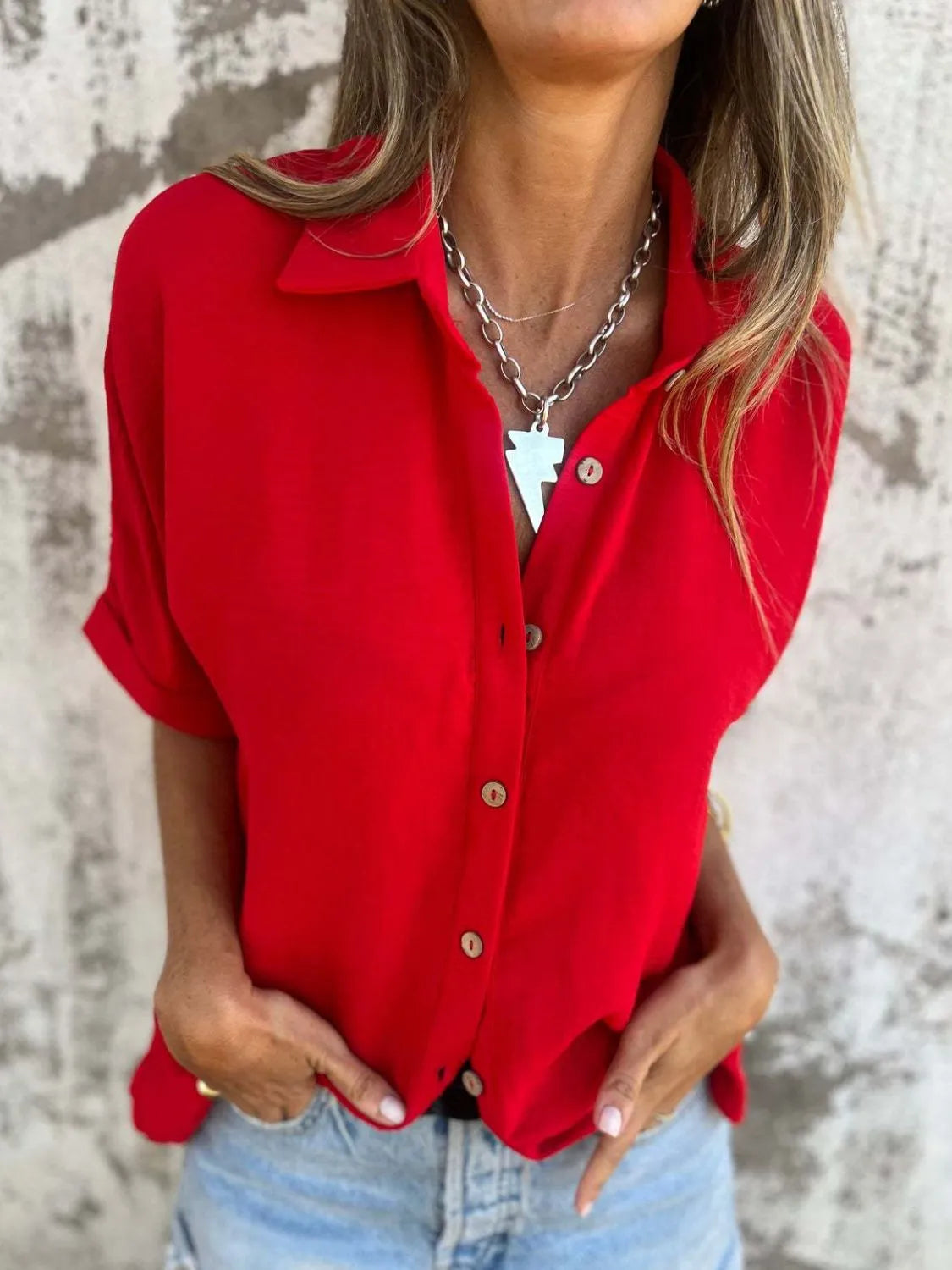 Full Size Collared Neck Half Sleeve Shirt Plus Size - Maria de Fatima Andrade