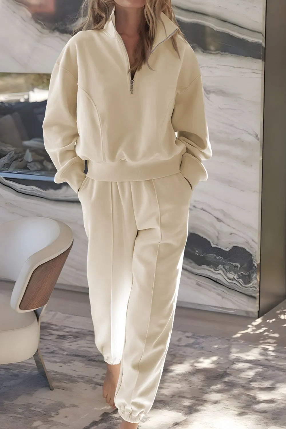 Half Zip Long Sleeve Top and Joggers Set - Maria de Fatima Andrade