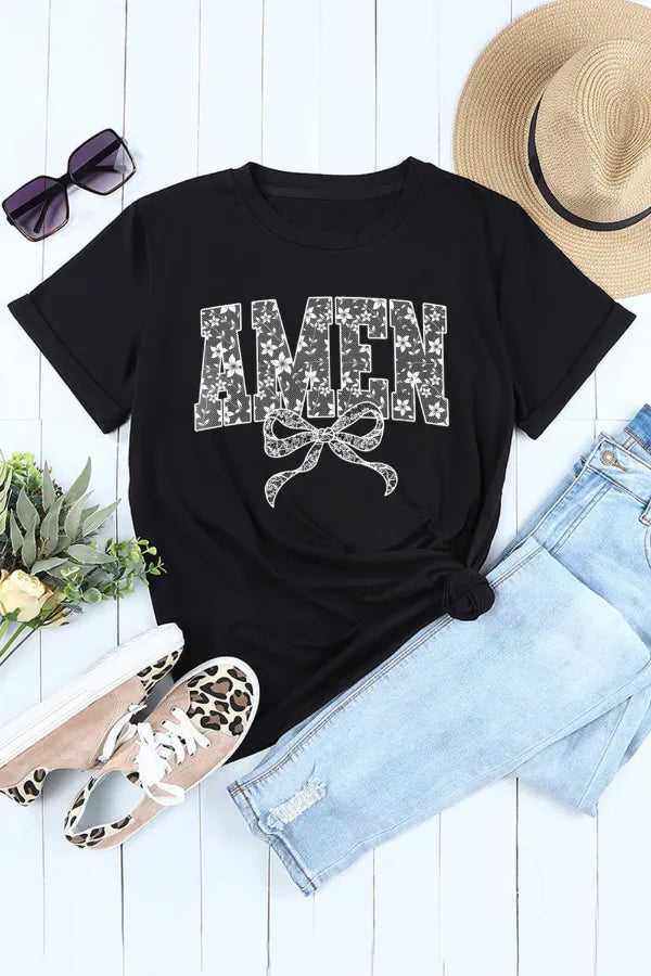 Amen Bow Round Neck Short Sleeve T-Shirt - Maria de Fatima Andrade