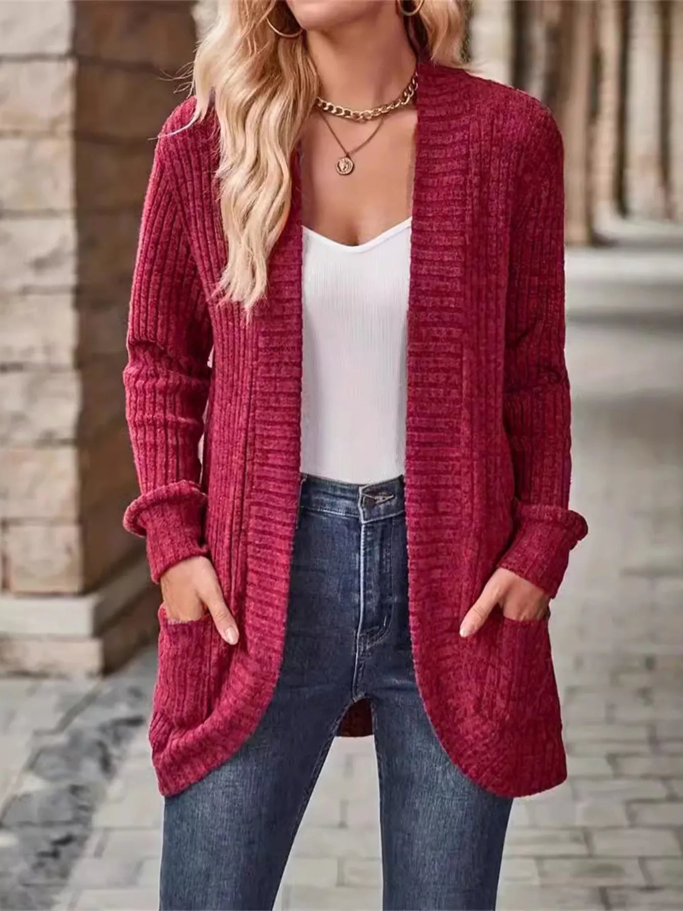Ribbed Open Front Long Cardigan with Pockets - Maria de Fatima Andrade