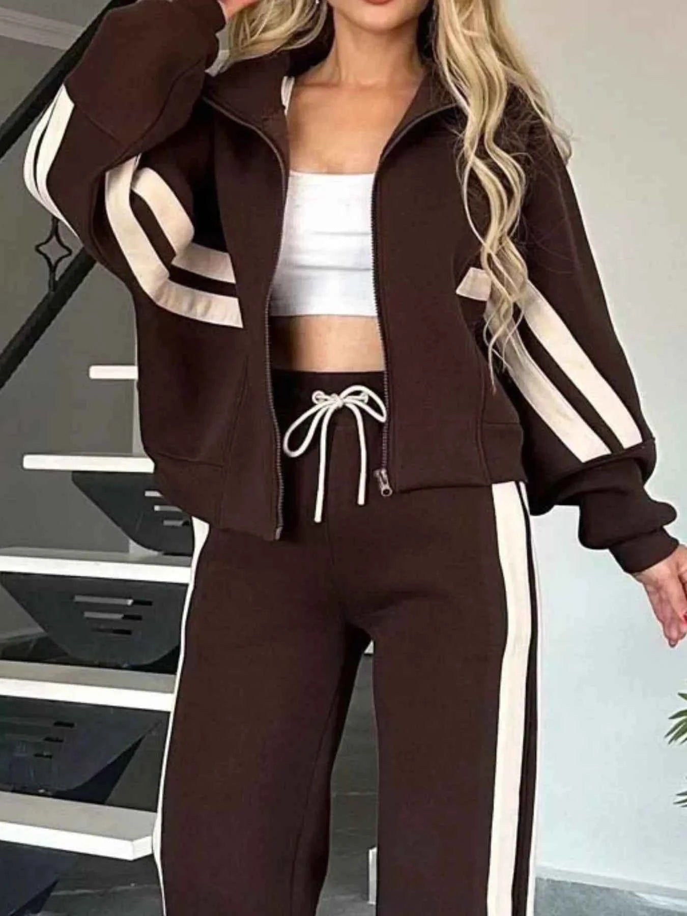 Contrast Stripe Zip-Up Jacket and Pants Set