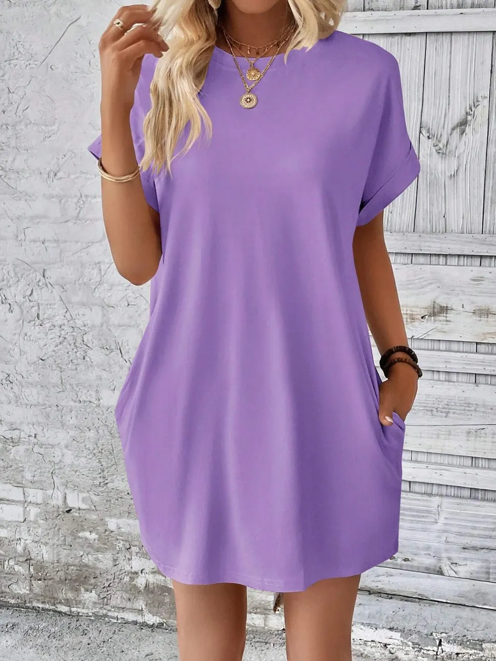 Round Neck Short Sleeve Mini Dress - Maria de Fatima Andrade