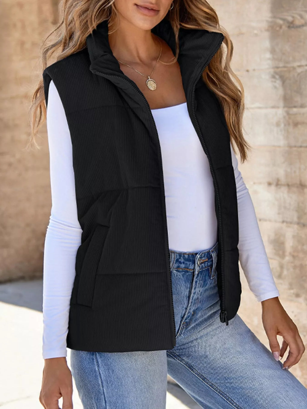 Corduroy Zip Up Vest Coat - Maria de Fatima Andrade