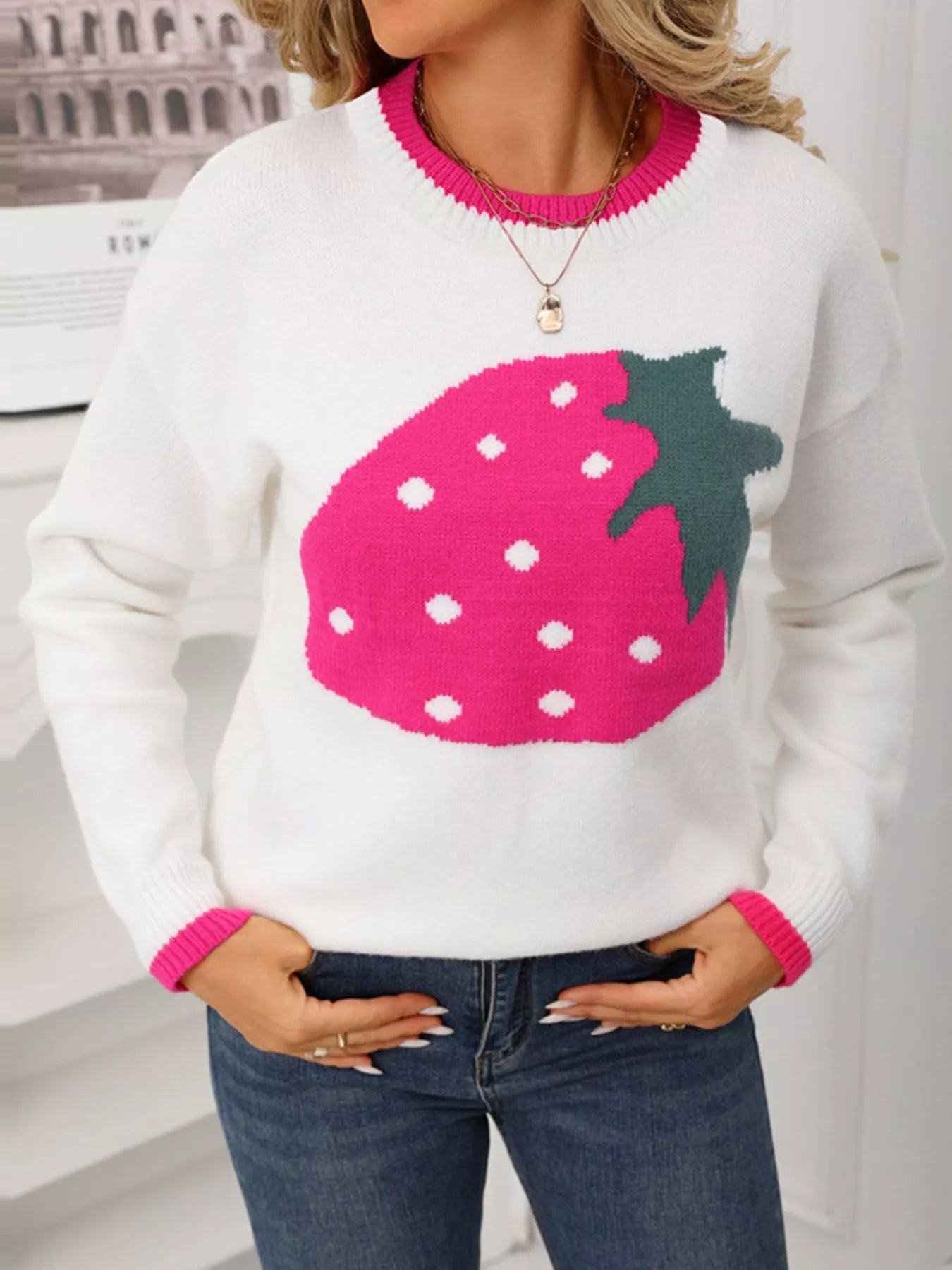 Strawberry Crew Neck Sweater - Maria de Fatima Andrade