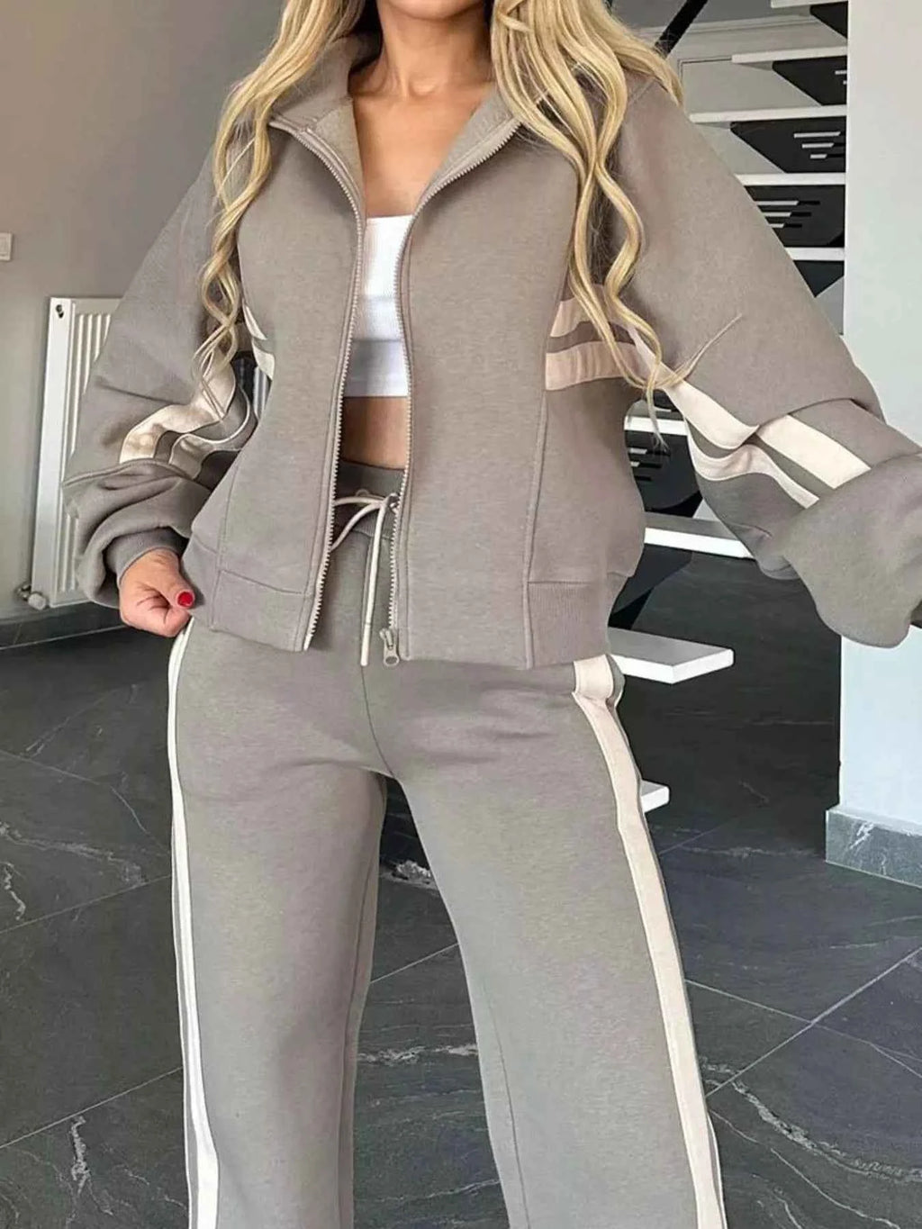 Contrast Stripe Zip-Up Jacket and Pants Set