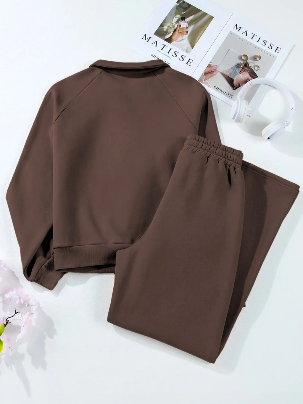 Collared Sweatshirt and High Waist Pants Active Set - Maria de Fatima Andrade