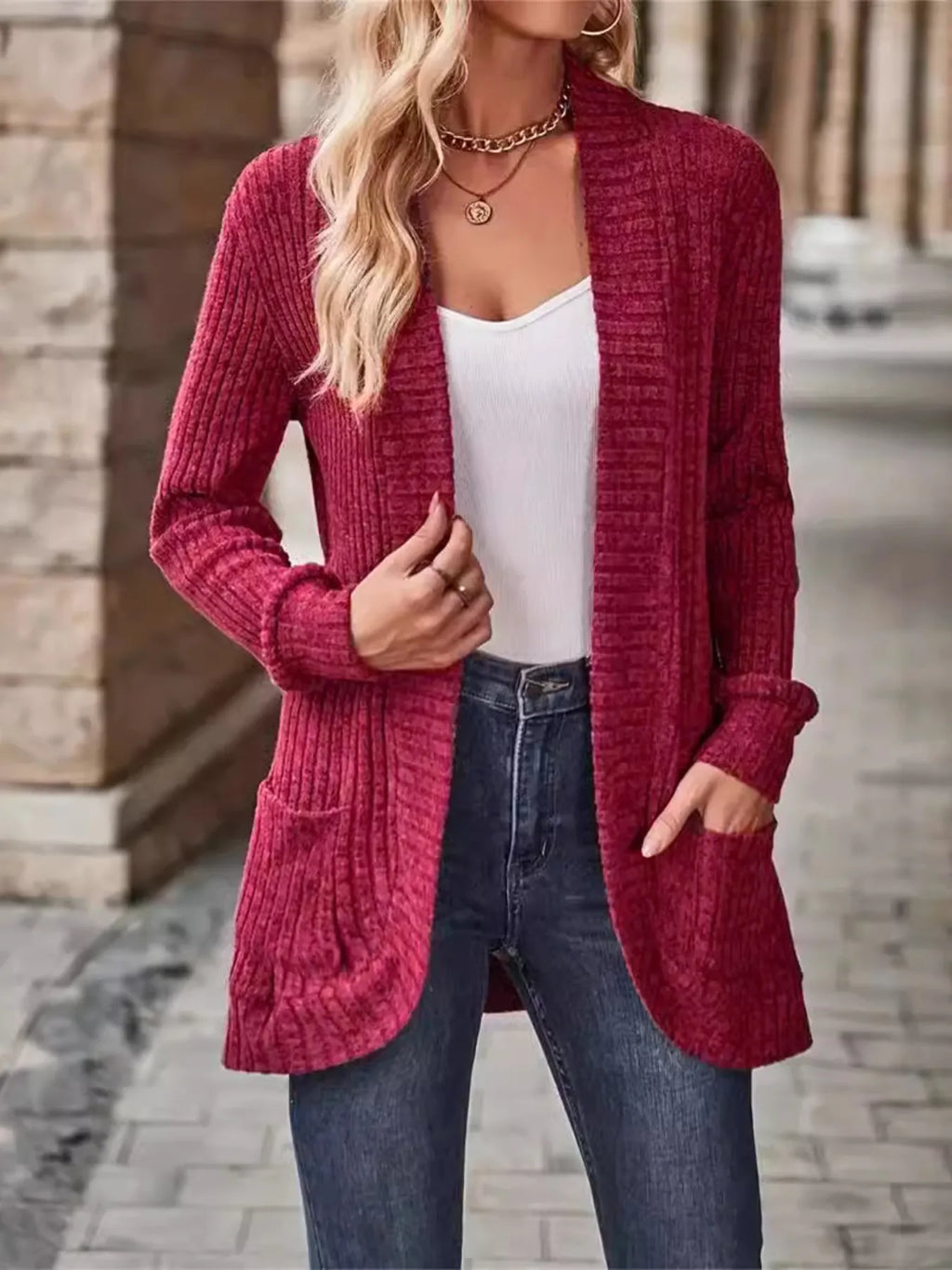 Ribbed Open Front Long Cardigan with Pockets - Maria de Fatima Andrade