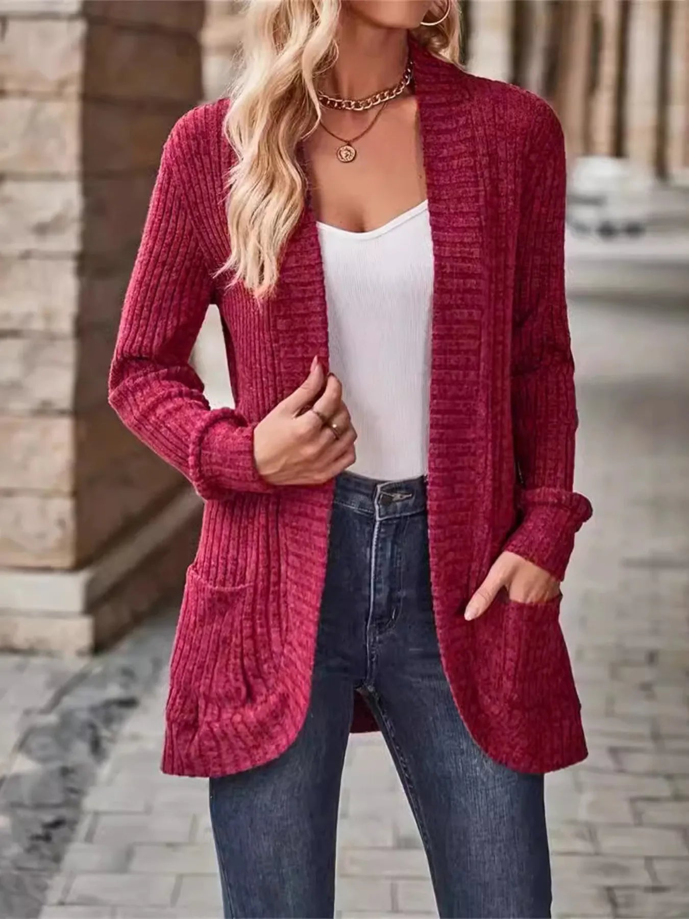 Ribbed Open Front Long Cardigan with Pockets - Maria de Fatima Andrade