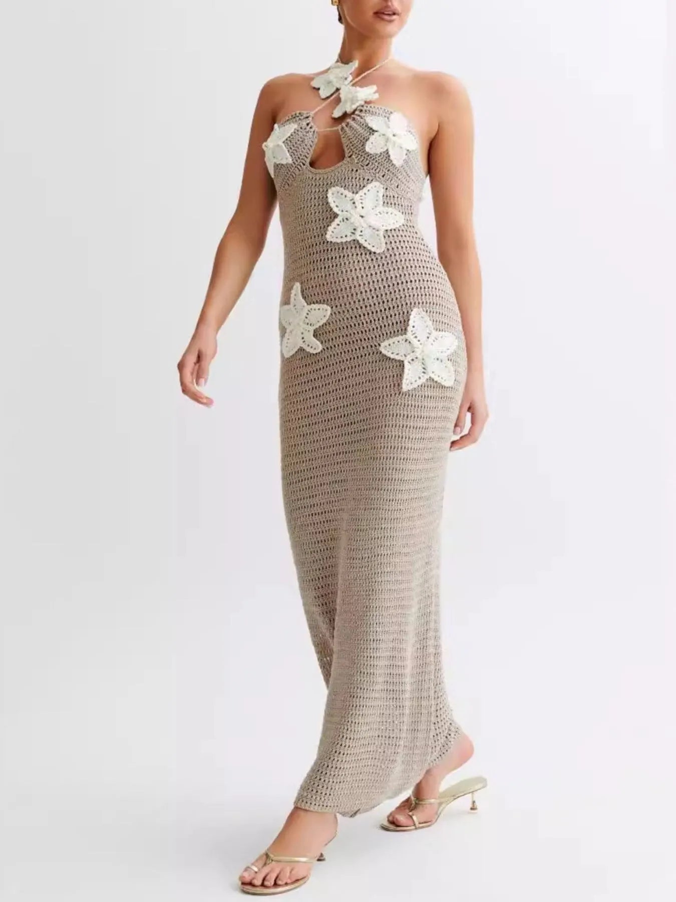 Crochet Floral Halter Knit Cover Up Dress - Maria de Fatima Andrade