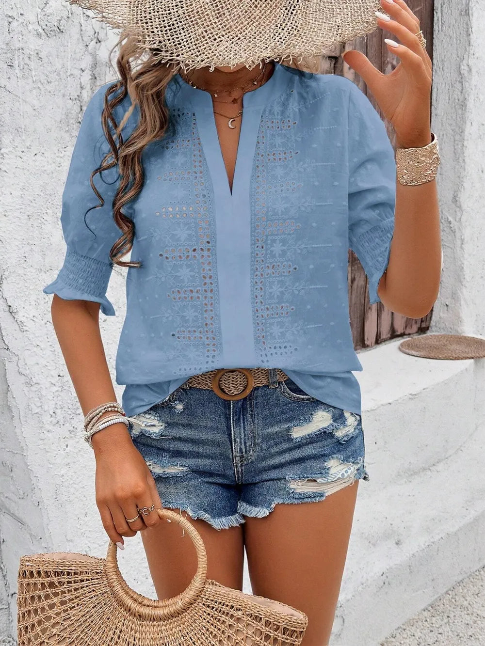 Eyelet Notched Flounce Sleeve Blouse - Maria de Fatima Andrade
