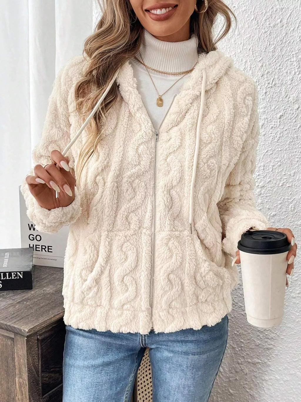 Drawstring Zip-Up Fleece Hooded Outerwear - Maria de Fatima Andrade