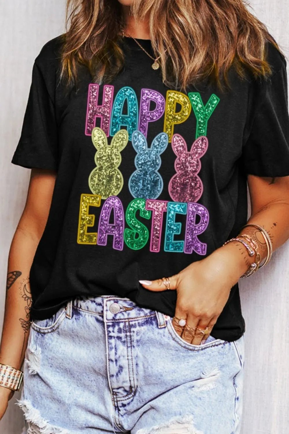 Happy Easter Sequin Bunny Round Neck T-Shirt - Maria de Fatima Andrade