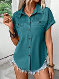 Pleated Detail Collared Neck Short Sleeve Shirt - Maria de Fatima Andrade