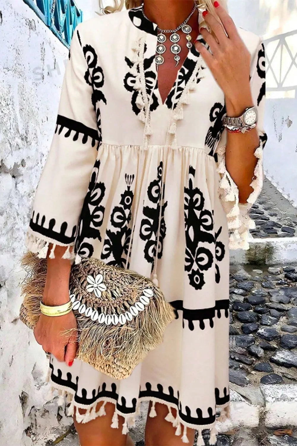Tassel Printed Three-Quarter Sleeve Mini Dress - Maria de Fatima Andrade